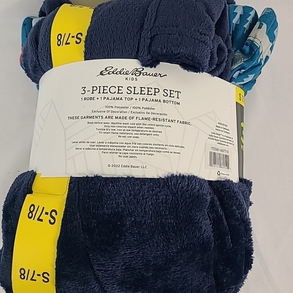 KIDS BOYS SMALL 7/8 EDDIE BAUER 3 PIECE PLUSH PAJAMAS & ROBE SLEEP SET NAVY BLUE - Picture 4 of 4